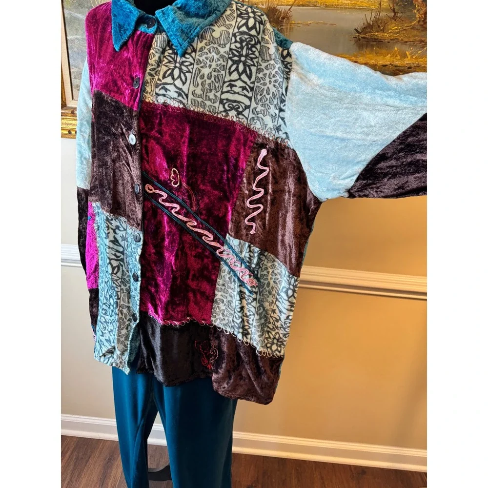 Only Necessities Vintage Patchwork Crushed Velvet 2 Piece Tunic Pant Set Plus 2X